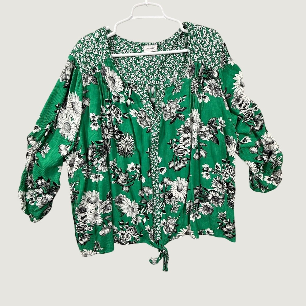 Avenue Womens Green Floral V-Neck Tie-Hem Blouse Rayon Plus Size 26/28